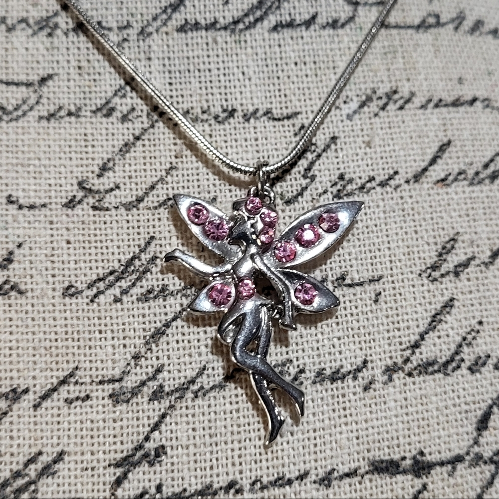Pink Rhinestone Fairy Silver Charm Necklace 18" Chain